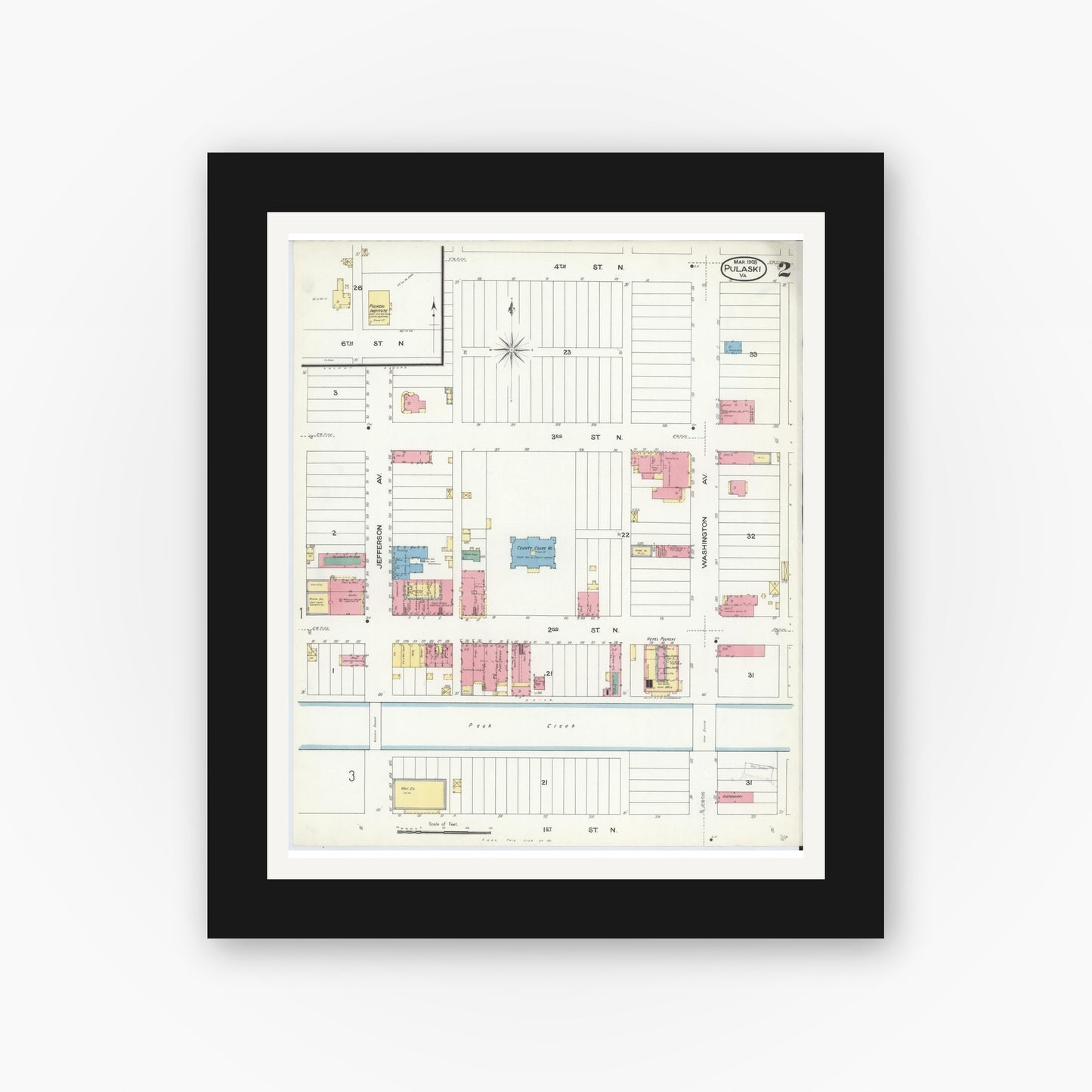 Old map wall art mockup — black gallery frame with white mat — Sanborn Fire Insurance Map from Pulaski, Pulaski County, Virginia (1908), Sheet #0002