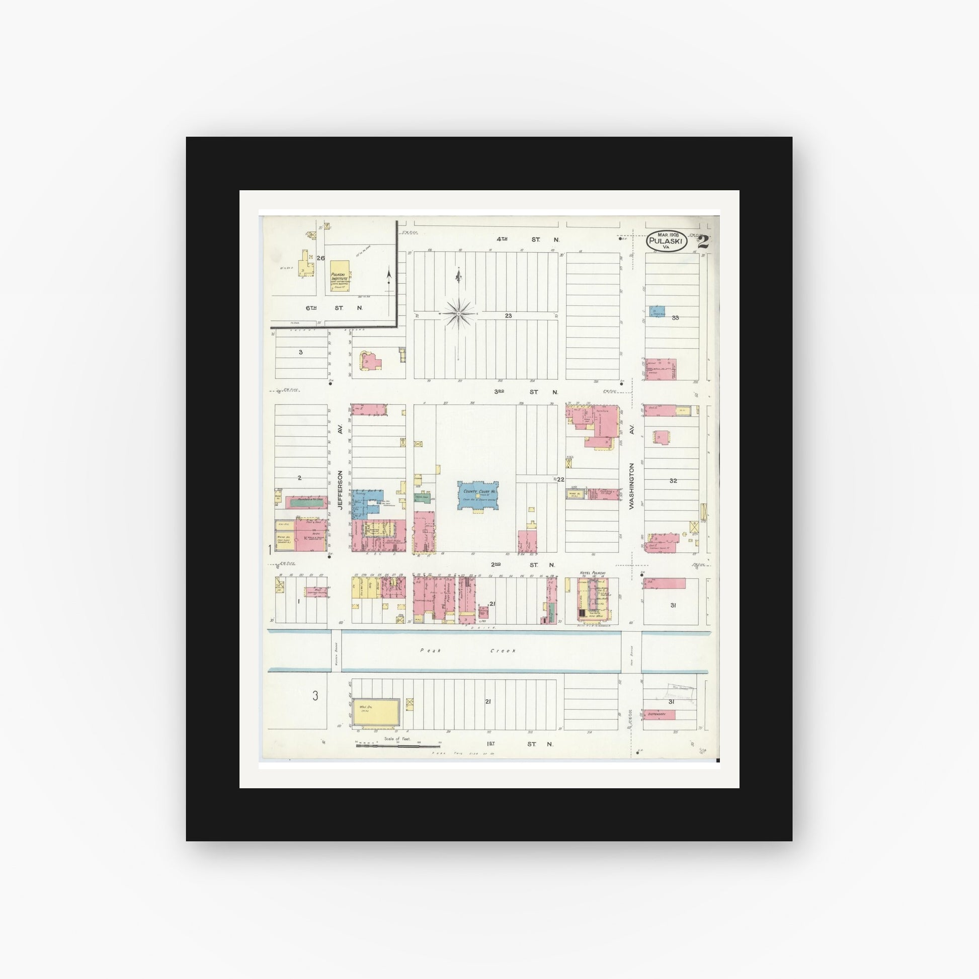 Old map wall art mockup — black gallery frame with white mat — Sanborn Fire Insurance Map from Pulaski, Pulaski County, Virginia (1908), Sheet #0002
