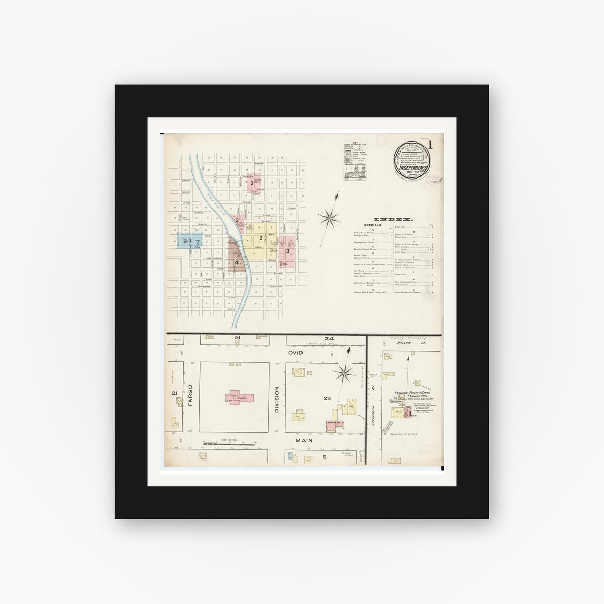 Old map wall art mockup — black gallery frame with white mat — Sanborn Fire Insurance Map from Independence, Buchanan County, Iowa (1885), Sheet #0001