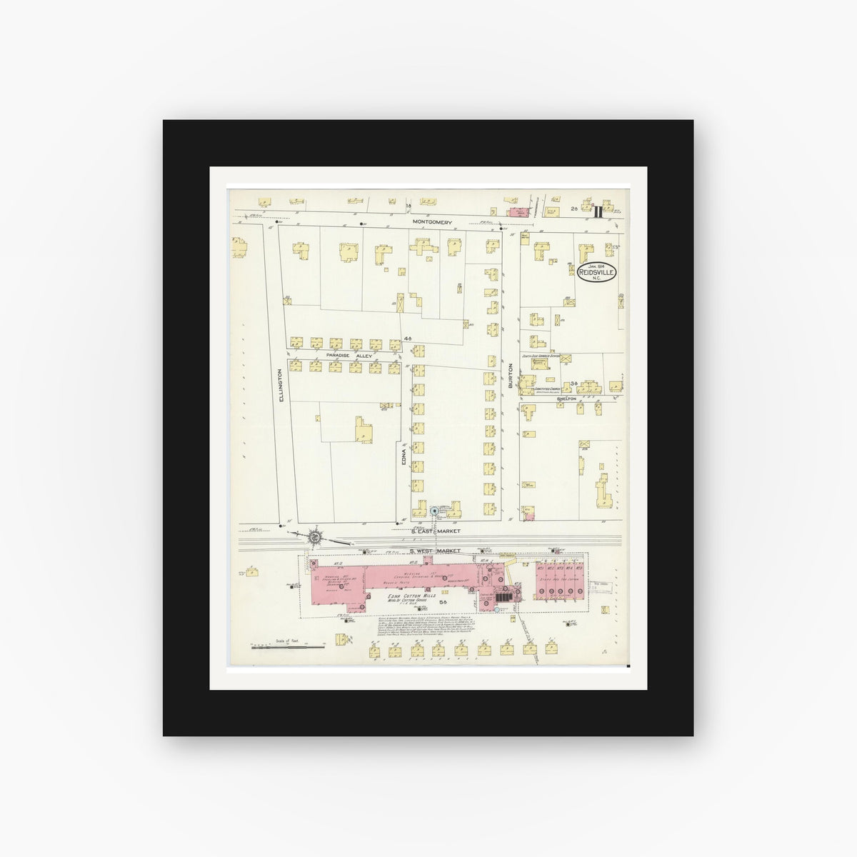 Old map wall art mockup — black gallery frame with white mat — Sanborn Fire Insurance Map from Reidsville, Rockingham County, North Carolina (1914), Sheet #0011