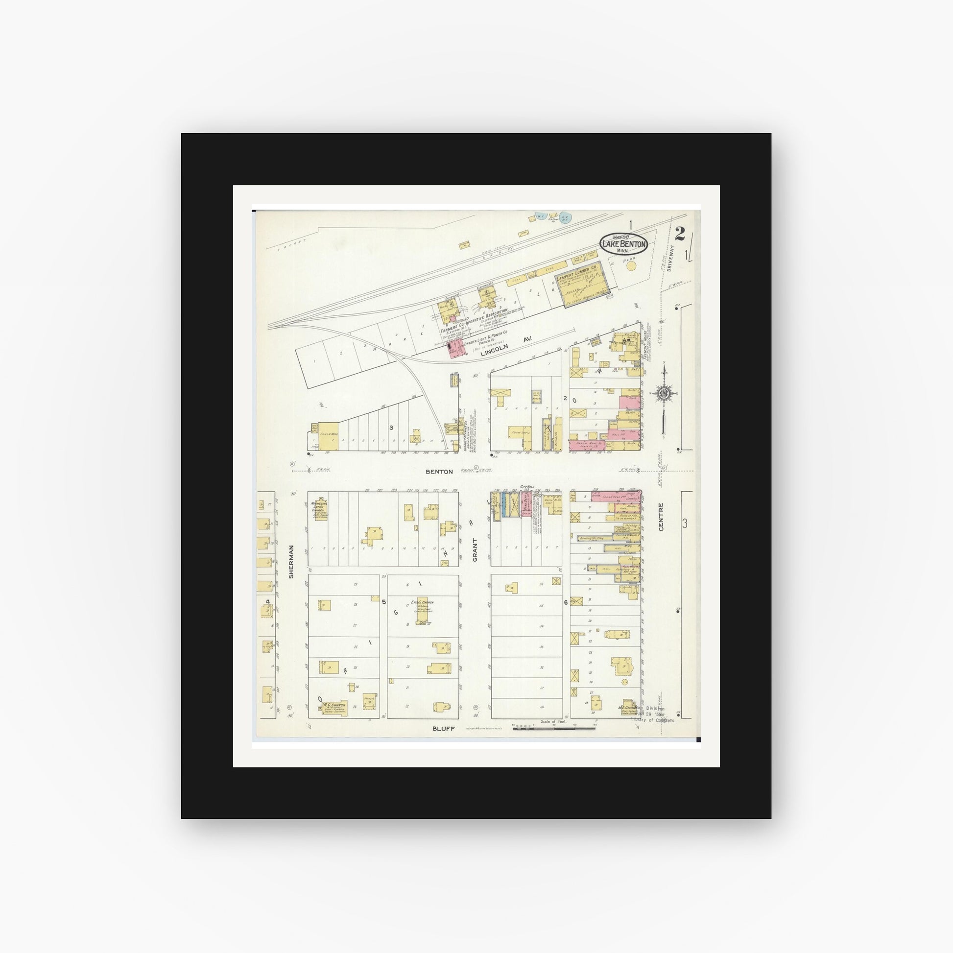 Old map wall art mockup — black gallery frame with white mat — Sanborn Fire Insurance Map from Lake Benton, Lincoln County, Minnesota (1917), Sheet #0002