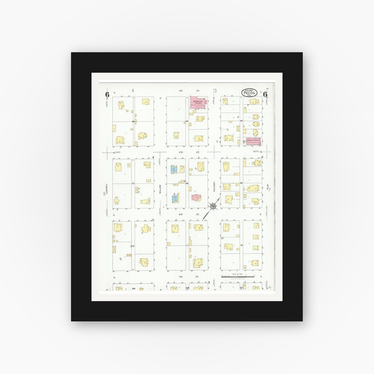 Old map wall art mockup — black gallery frame with white mat — Sanborn Fire Insurance Map from Pecos, Reeves County, Texas (1927), Sheet #0006