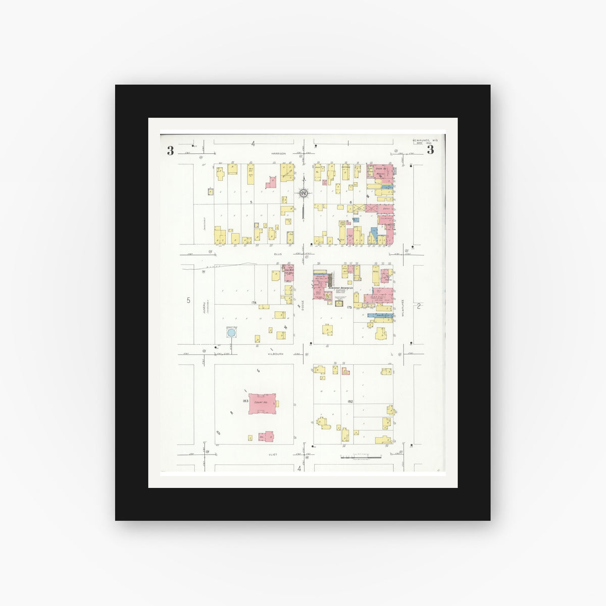 Old map wall art mockup — black gallery frame with white mat — Sanborn Fire Insurance Map from Kewaunee, Kewaunee County, Wisconsin (1933), Sheet #0003
