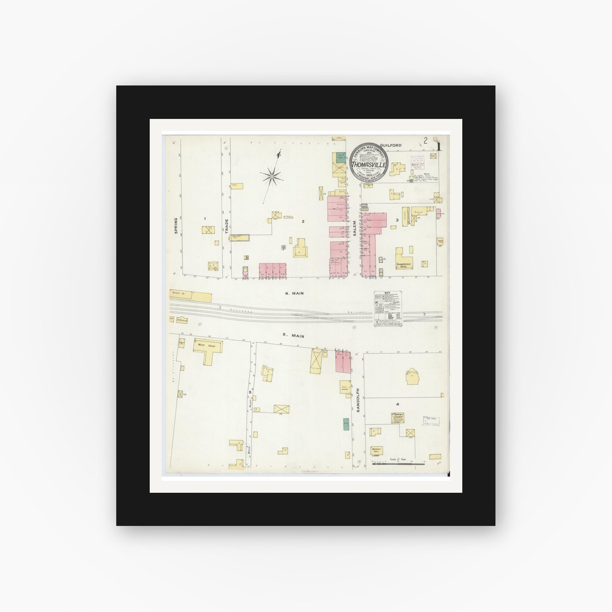 Old map wall art mockup — black gallery frame with white mat — Sanborn Fire Insurance Map from Thomasville, Davidson County, North Carolina (1908), Sheet #0001