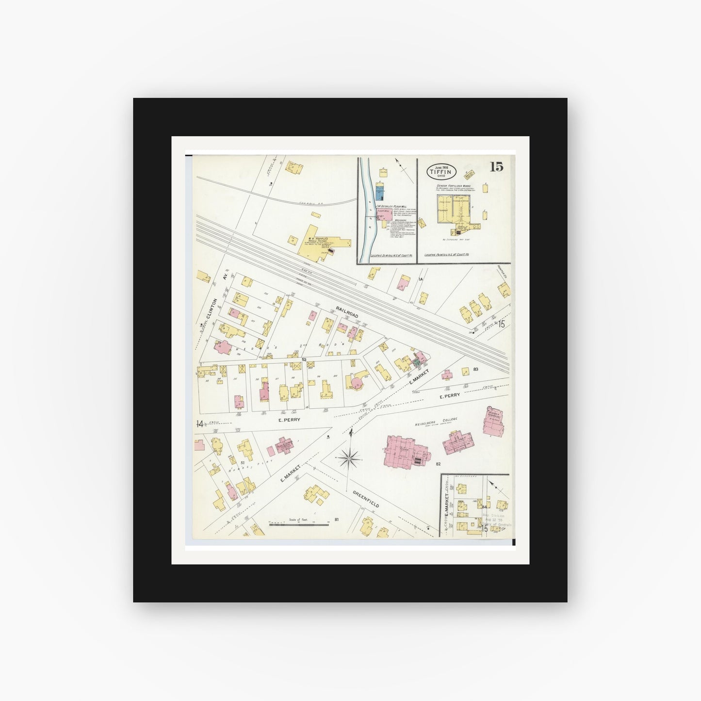 Old map wall art mockup — black gallery frame with white mat — Sanborn Fire Insurance Map from Tiffin, Seneca County, Ohio (1908), Sheet #0015