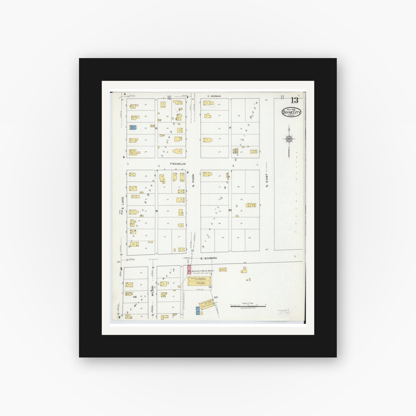 Old map wall art mockup — black gallery frame with white mat — Sanborn Fire Insurance Map from Boyne City, Charlevoix County, Michigan (1919), Sheet #0013