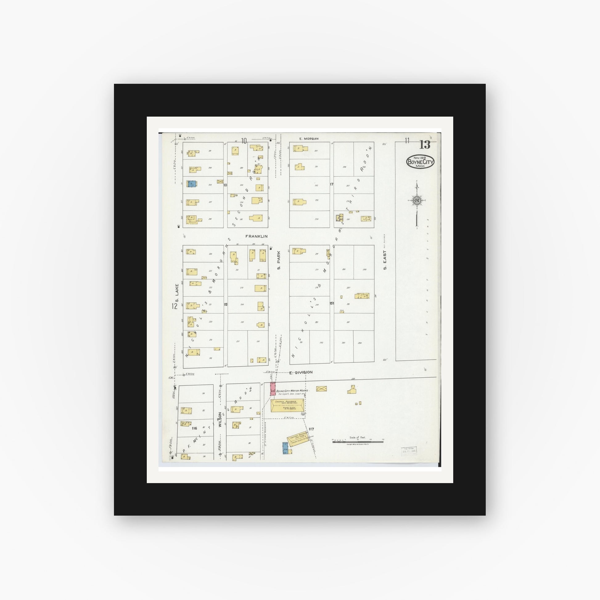 Old map wall art mockup — black gallery frame with white mat — Sanborn Fire Insurance Map from Boyne City, Charlevoix County, Michigan (1919), Sheet #0013