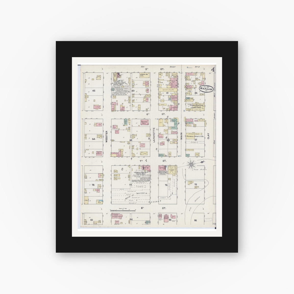 Old map wall art mockup — black gallery frame with white mat — Sanborn Fire Insurance Map from Warsaw, Hancock County, Illinois (1890), Sheet #0004