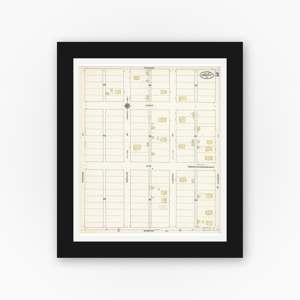 Old map wall art mockup — black gallery frame with white mat — Sanborn Fire Insurance Map from Modesto, Stanislaus County, California (1911), Sheet #0003