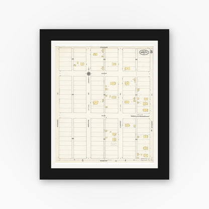 Old map wall art mockup — black gallery frame with white mat — Sanborn Fire Insurance Map from Modesto, Stanislaus County, California (1911), Sheet #0003