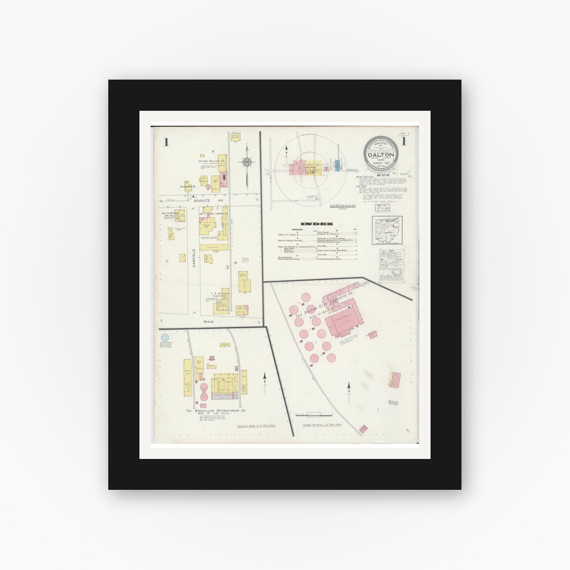 Old map wall art mockup — black gallery frame with white mat — Sanborn Fire Insurance Map from Dalton, Wayne County, Ohio (1929), Sheet #0001