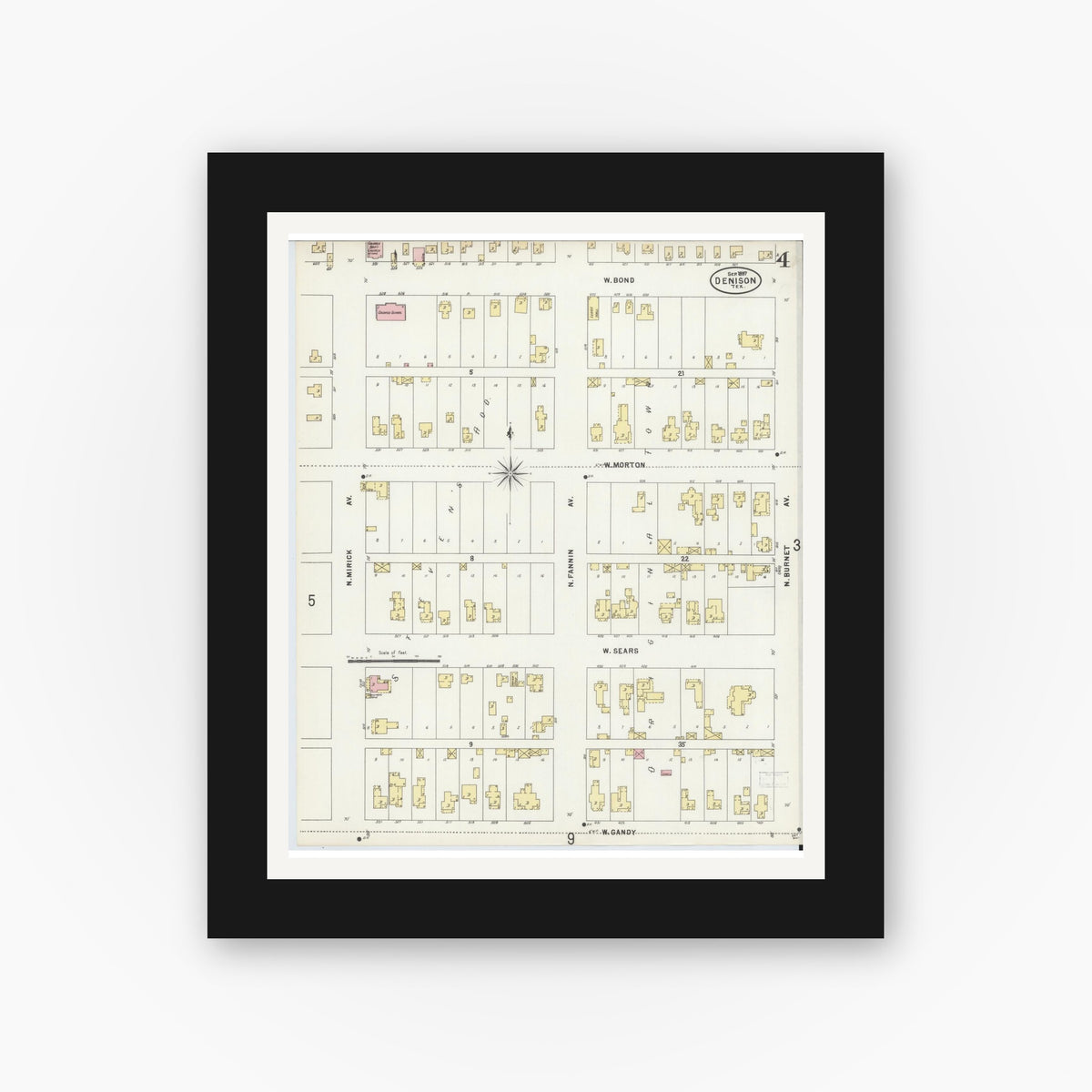 Old map wall art mockup — black gallery frame with white mat — Sanborn Fire Insurance Map from Denison, Grayson County, Texas (1897), Sheet #0004