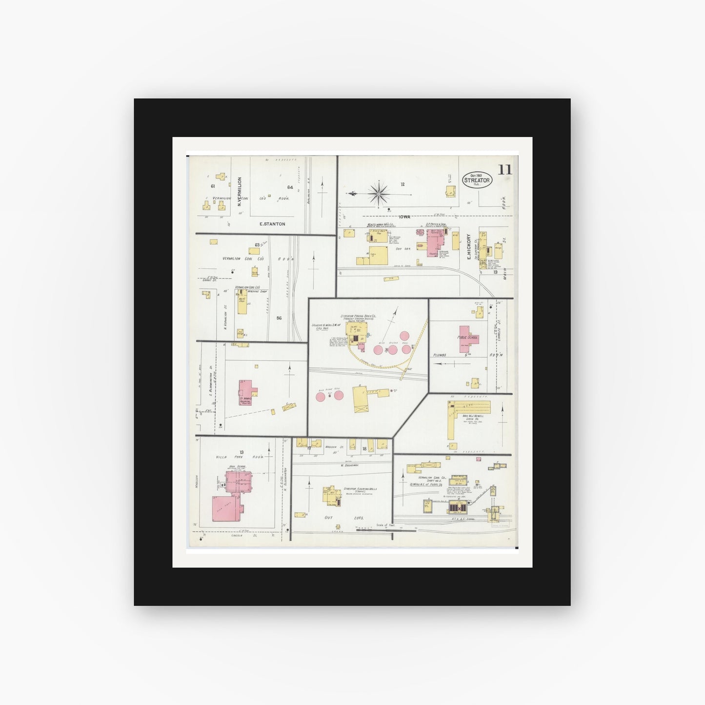 Old map wall art mockup — black gallery frame with white mat — Sanborn Fire Insurance Map from Streator, La Salle County, Illinois (1901), Sheet #0011