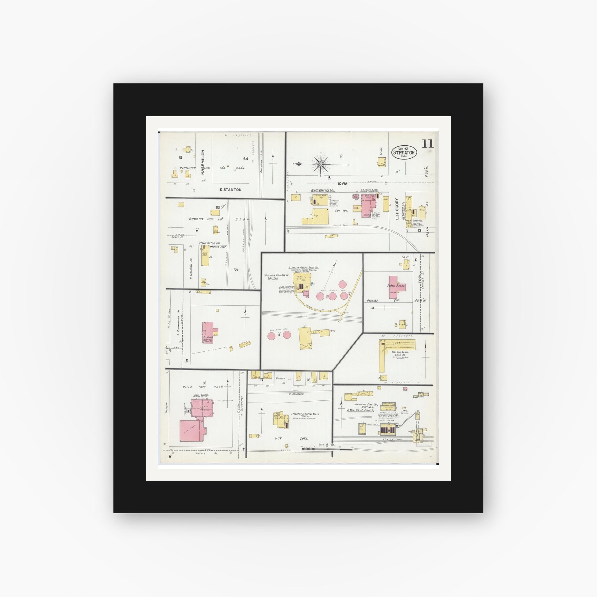 Old map wall art mockup — black gallery frame with white mat — Sanborn Fire Insurance Map from Streator, La Salle County, Illinois (1901), Sheet #0011