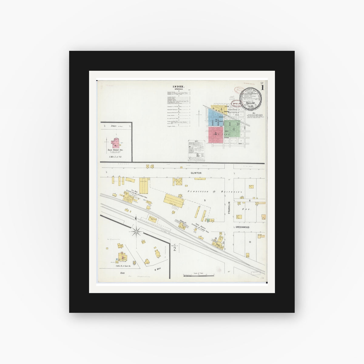 Old map wall art mockup — black gallery frame with white mat — Sanborn Fire Insurance Map from Toulon, Stark County, Illinois (1899) - Complete Map Set