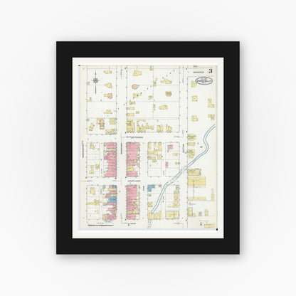 Old map wall art mockup — black gallery frame with white mat — Sanborn Fire Insurance Map from Spring Valley, Fillmore County, Minnesota (1915), Sheet #0003
