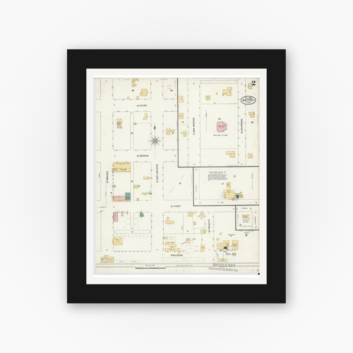 Old map wall art mockup — black gallery frame with white mat — Sanborn Fire Insurance Map from Whitney, Hill County, Texas (1905), Sheet #0002