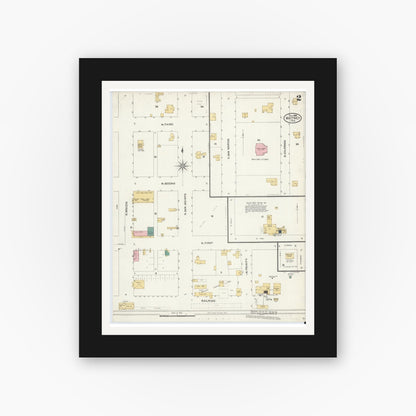 Old map wall art mockup — black gallery frame with white mat — Sanborn Fire Insurance Map from Whitney, Hill County, Texas (1905), Sheet #0002