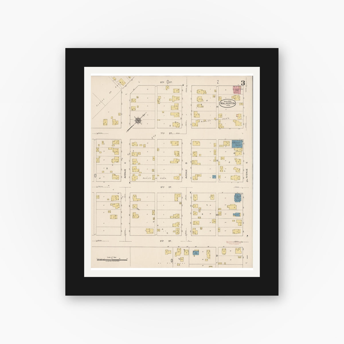 Old map wall art mockup — black gallery frame with white mat — Sanborn Fire Insurance Map from Walkerton, Saint Joseph County, Indiana (1922), Sheet #0003