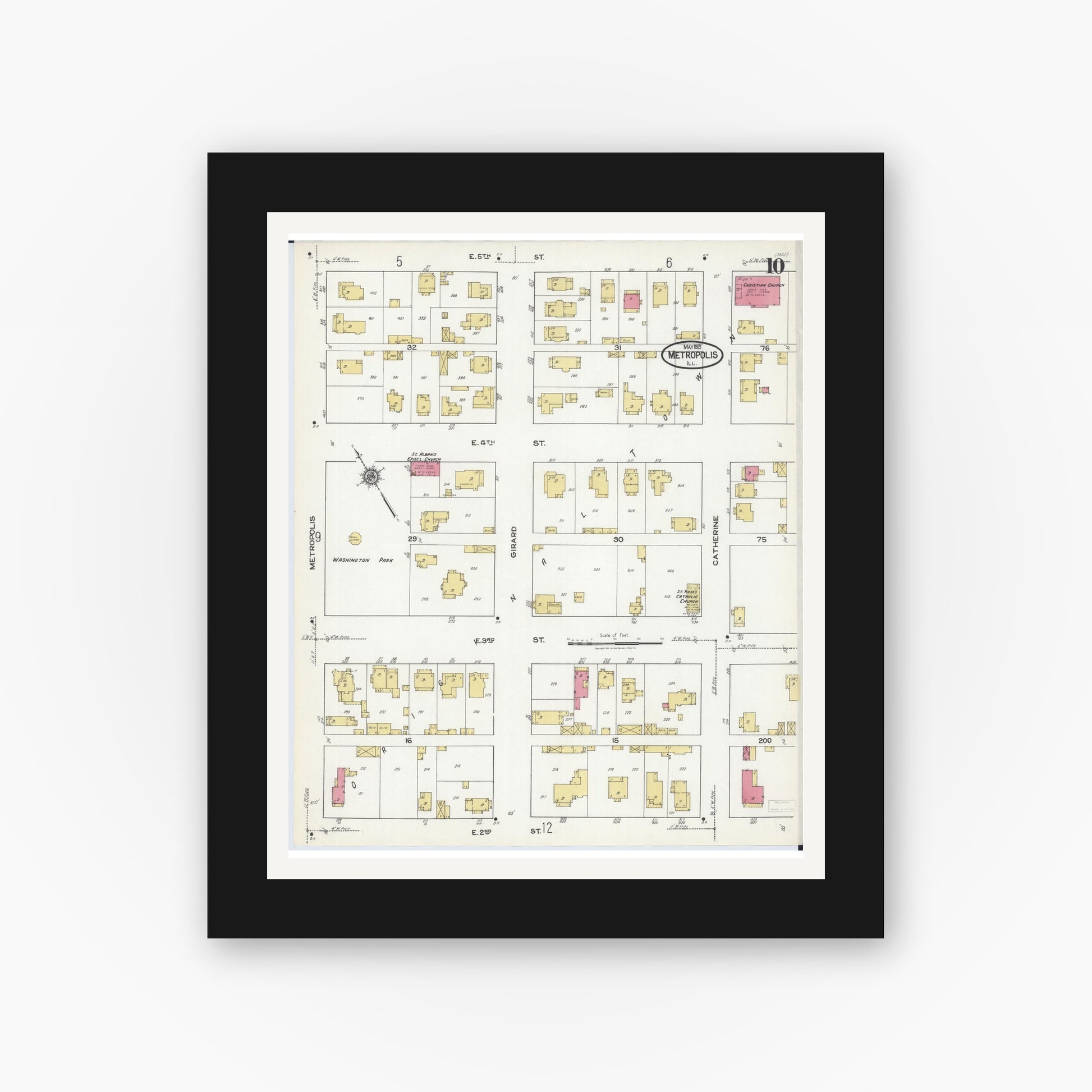 Old map wall art mockup — black gallery frame with white mat — Sanborn Fire Insurance Map from Metropolis, Massac County, Illinois (1921), Sheet #0010