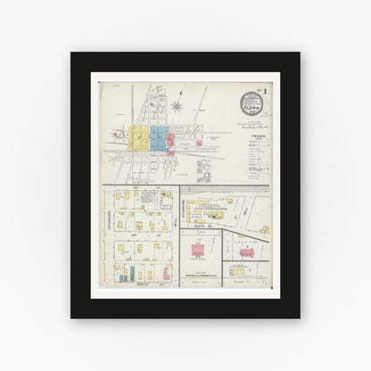 Old map wall art mockup — black gallery frame with white mat — Sanborn Fire Insurance Map from Flora, Clay County, Illinois (1894), Sheet #0001