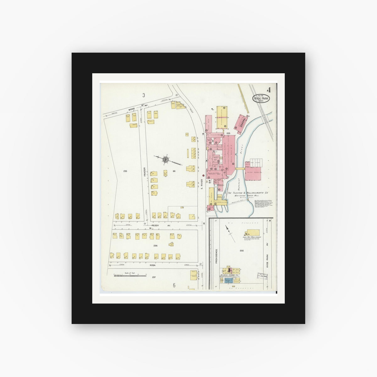 Old map wall art mockup — black gallery frame with white mat — Sanborn Fire Insurance Map from Hyde Park, Norfolk County, Massachusetts (1911), Sheet #0004