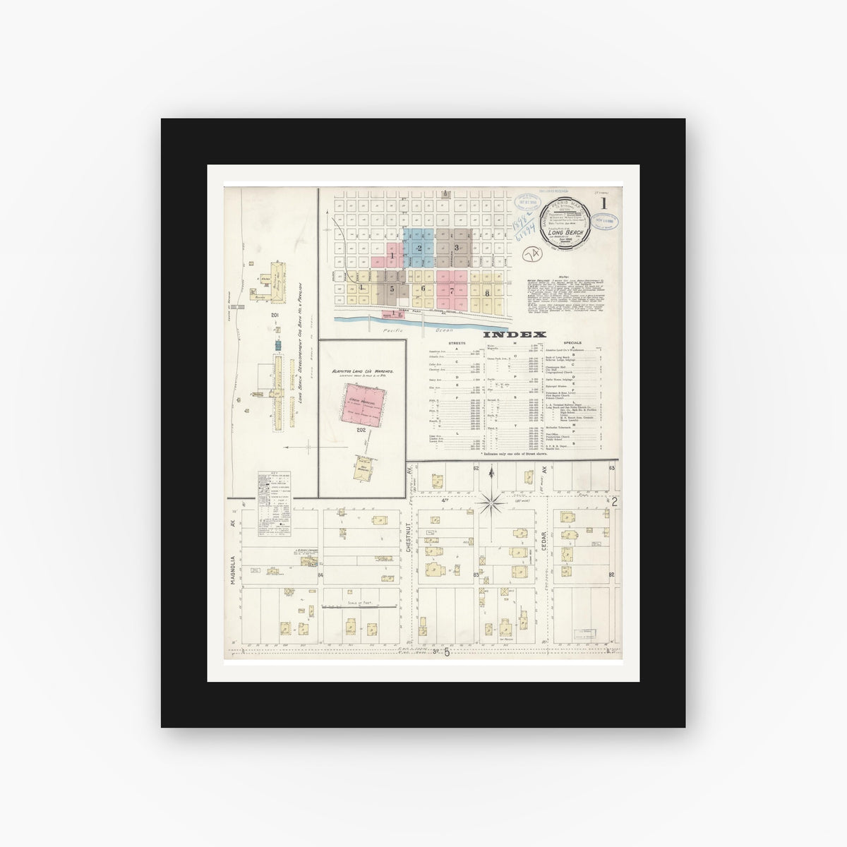 Old map wall art mockup — black gallery frame with white mat — Sanborn Fire Insurance Map from Long Beach, Los Angeles County, California (1898) - Complete Map Set