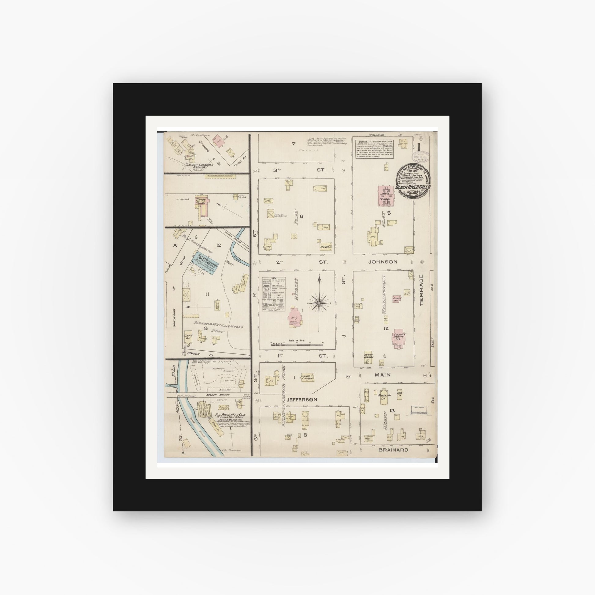 Old map wall art mockup — black gallery frame with white mat — Sanborn Fire Insurance Map from Black River Falls, Jackson County, Wisconsin (1884), Sheet #0001