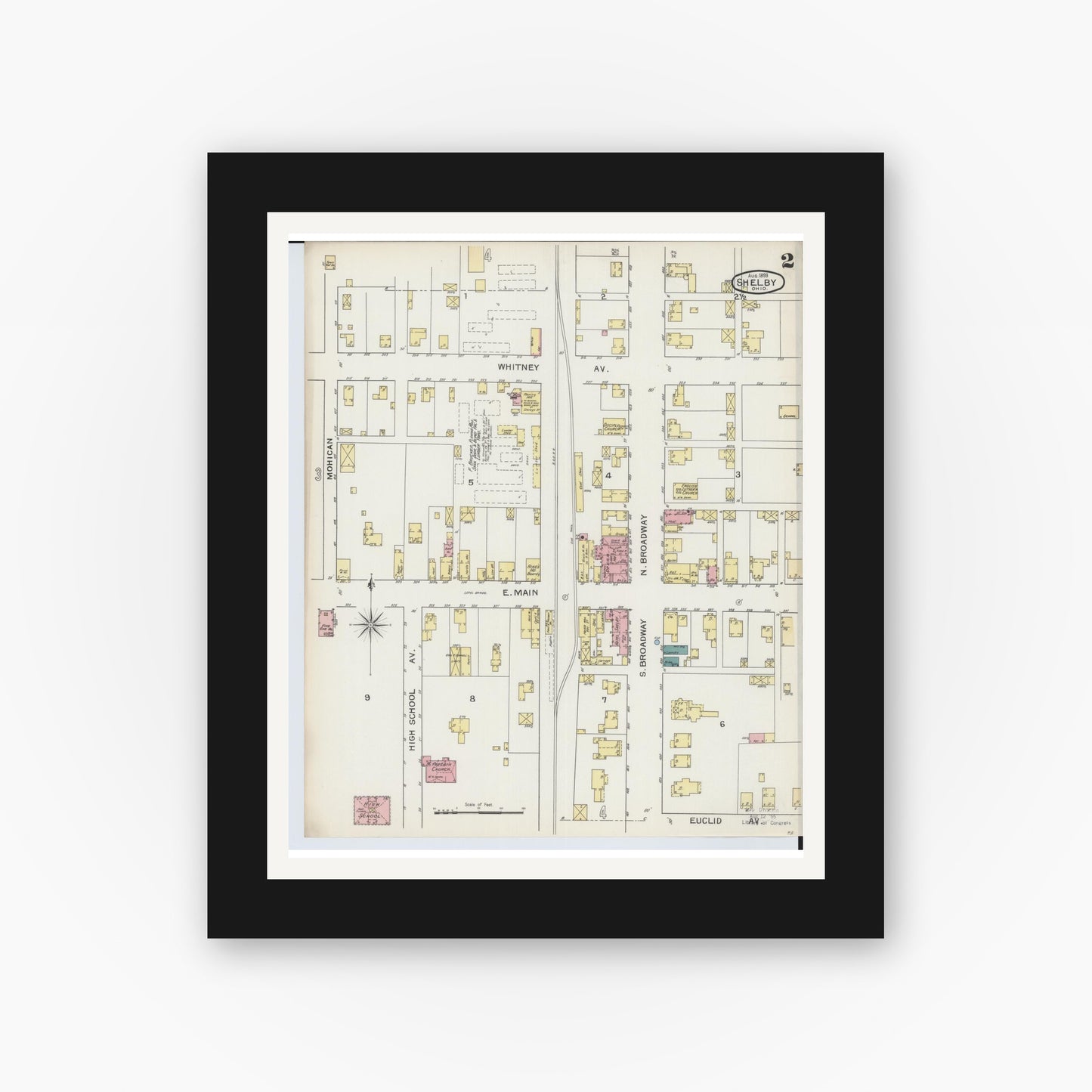 Old map wall art mockup — black gallery frame with white mat — Sanborn Fire Insurance Map from Shelby, Richland County, Ohio (1893), Sheet #0002