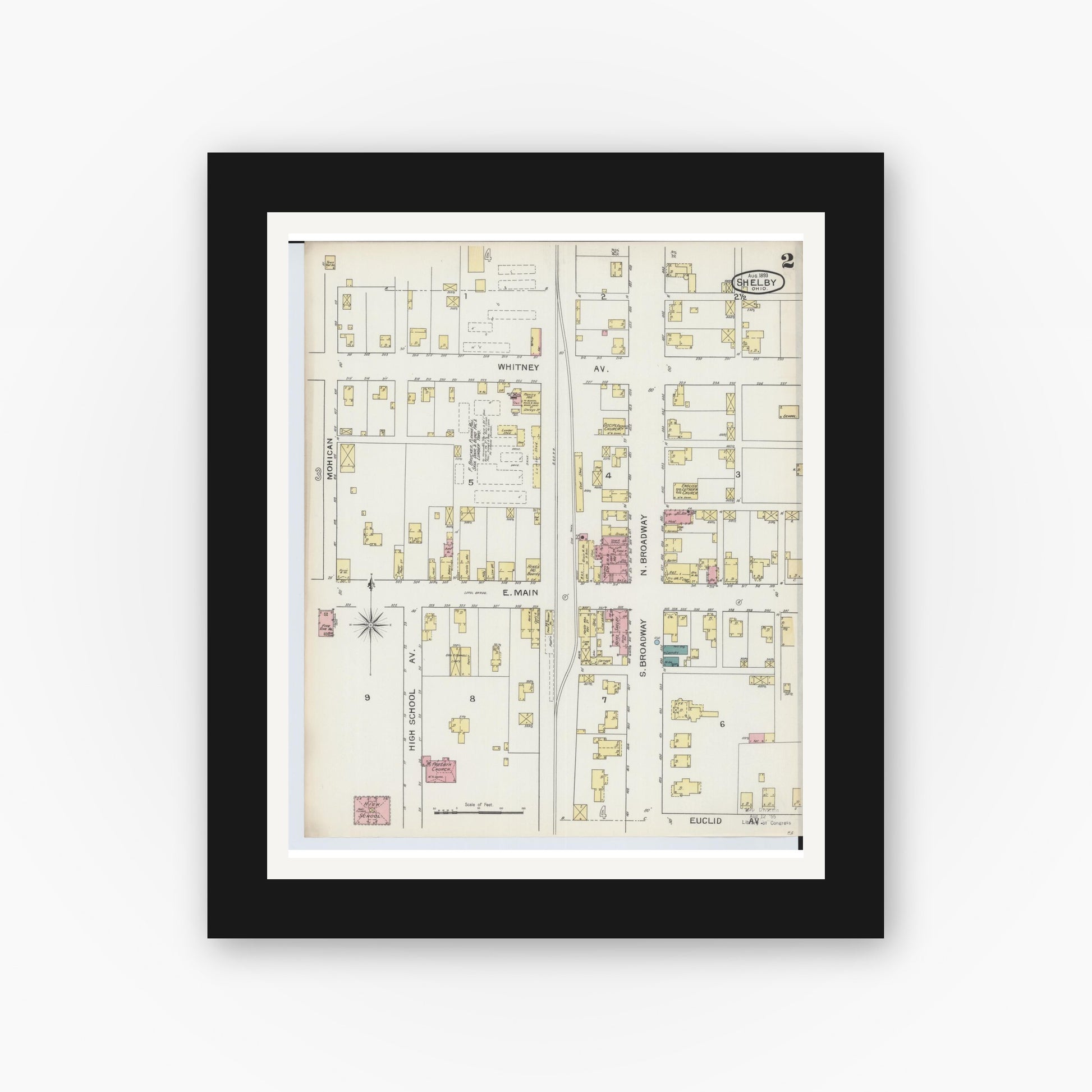 Old map wall art mockup — black gallery frame with white mat — Sanborn Fire Insurance Map from Shelby, Richland County, Ohio (1893), Sheet #0002