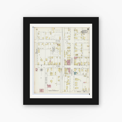 Old map wall art mockup — black gallery frame with white mat — Sanborn Fire Insurance Map from Shelby, Richland County, Ohio (1893), Sheet #0002