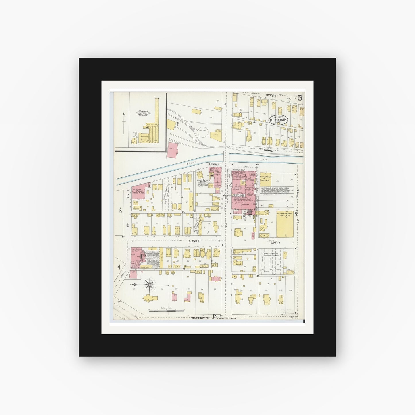 Old map wall art mockup — black gallery frame with white mat — Sanborn Fire Insurance Map from Middletown, Butler County, Ohio (1901), Sheet #0005