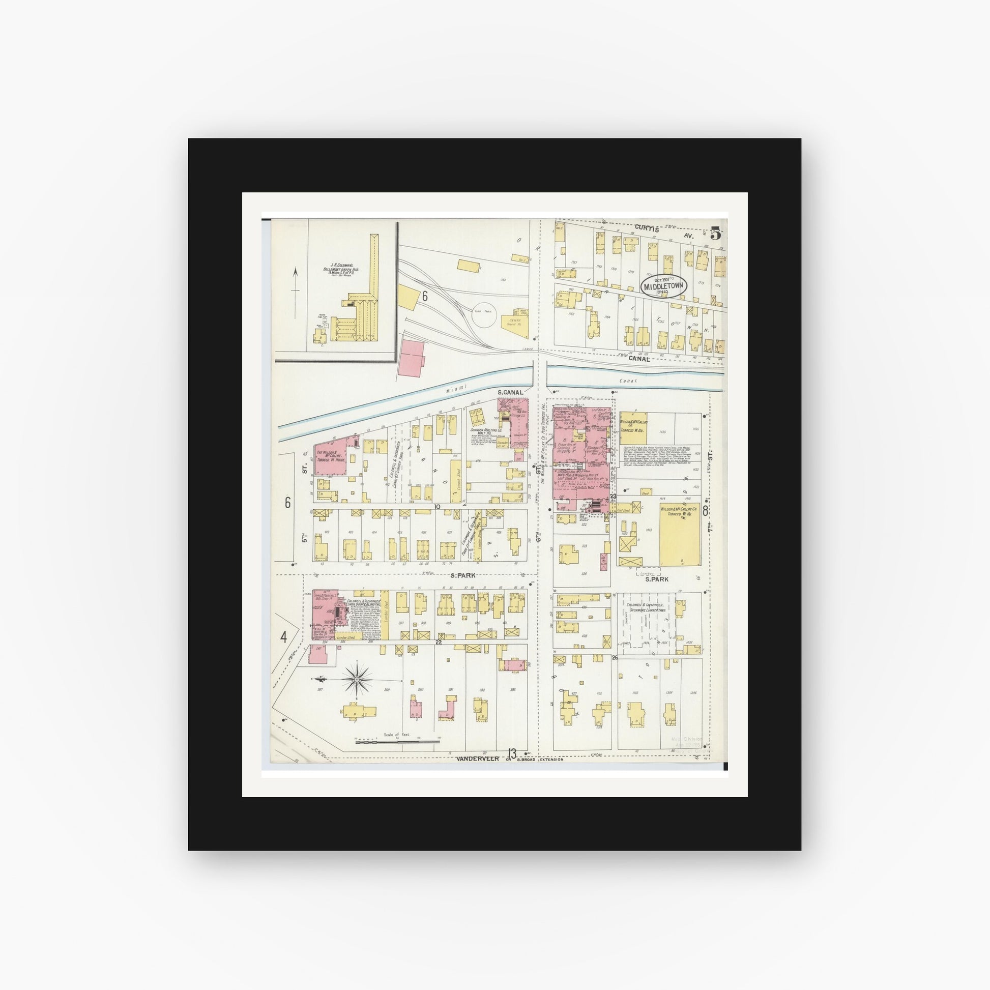 Old map wall art mockup — black gallery frame with white mat — Sanborn Fire Insurance Map from Middletown, Butler County, Ohio (1901), Sheet #0005