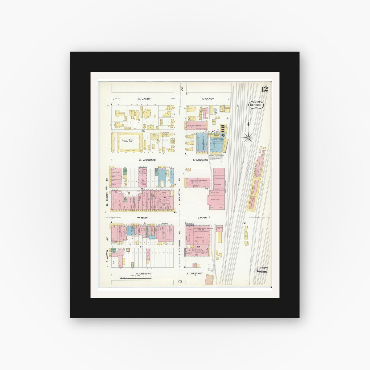 Old map wall art mockup — black gallery frame with white mat — Sanborn Fire Insurance Map from Denison, Grayson County, Texas (1908), Sheet #0012