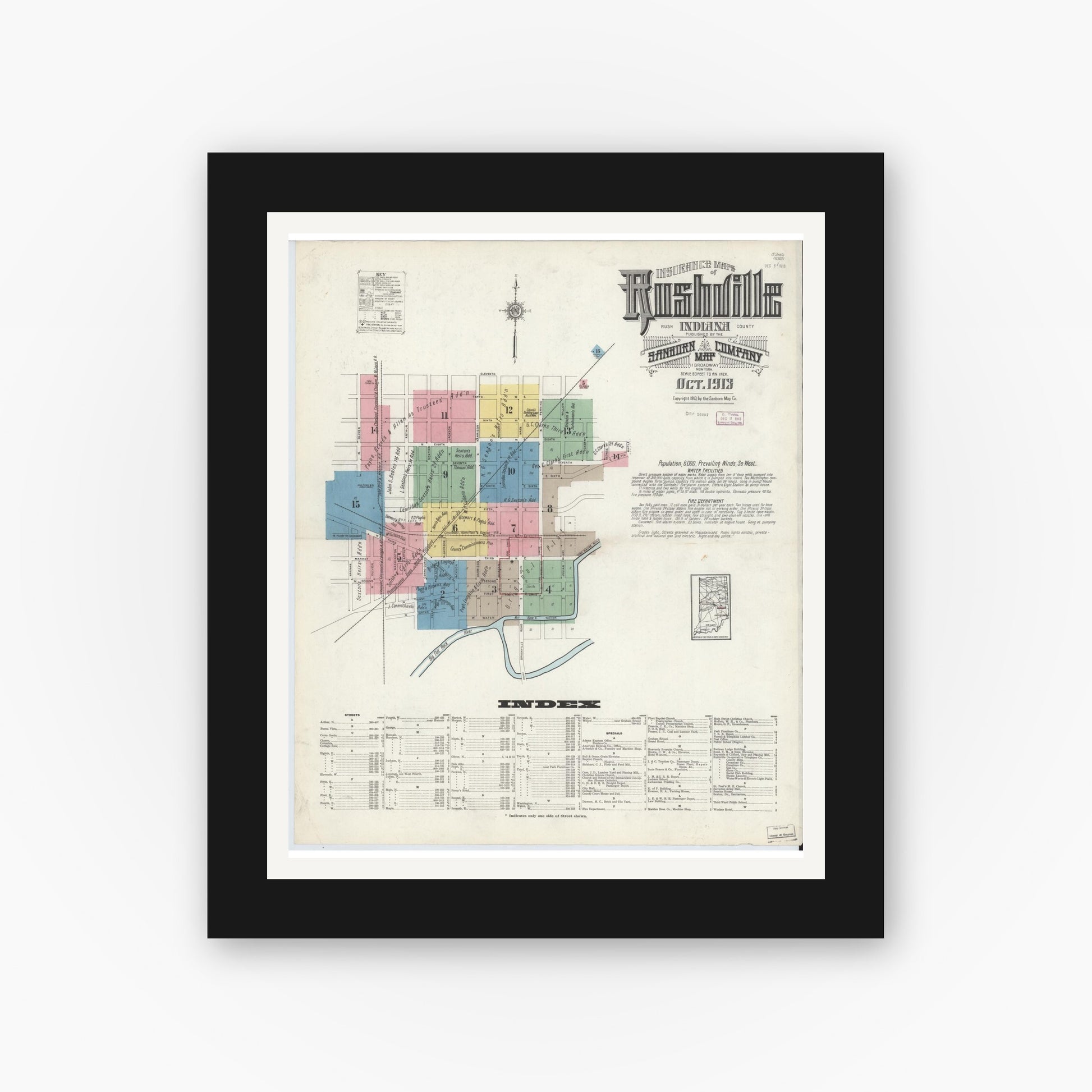 Old map wall art mockup — black gallery frame with white mat — Sanborn Fire Insurance Map from Rushville, Rush County, Indiana (1913), Sheet #0001