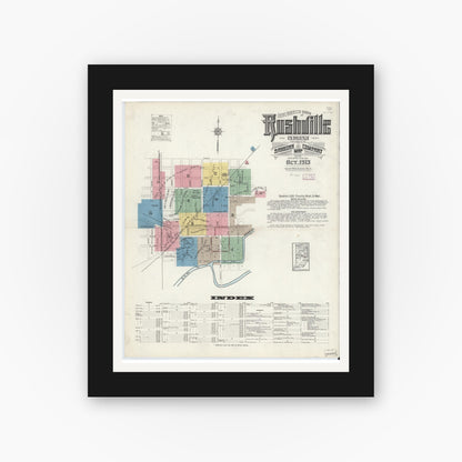 Old map wall art mockup — black gallery frame with white mat — Sanborn Fire Insurance Map from Rushville, Rush County, Indiana (1913), Sheet #0001