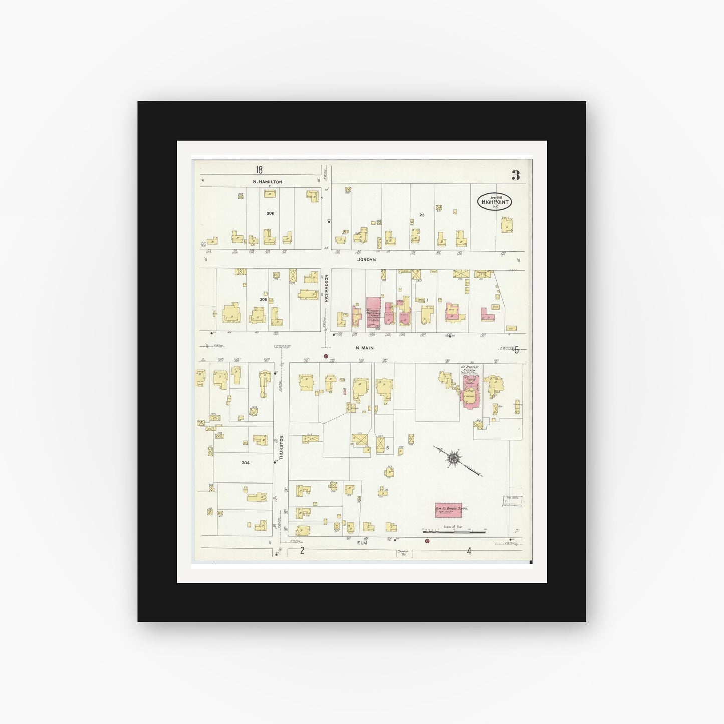 Old map wall art mockup — black gallery frame with white mat — Sanborn Fire Insurance Map from High Point, Guilford County, North Carolina (1911), Sheet #0003