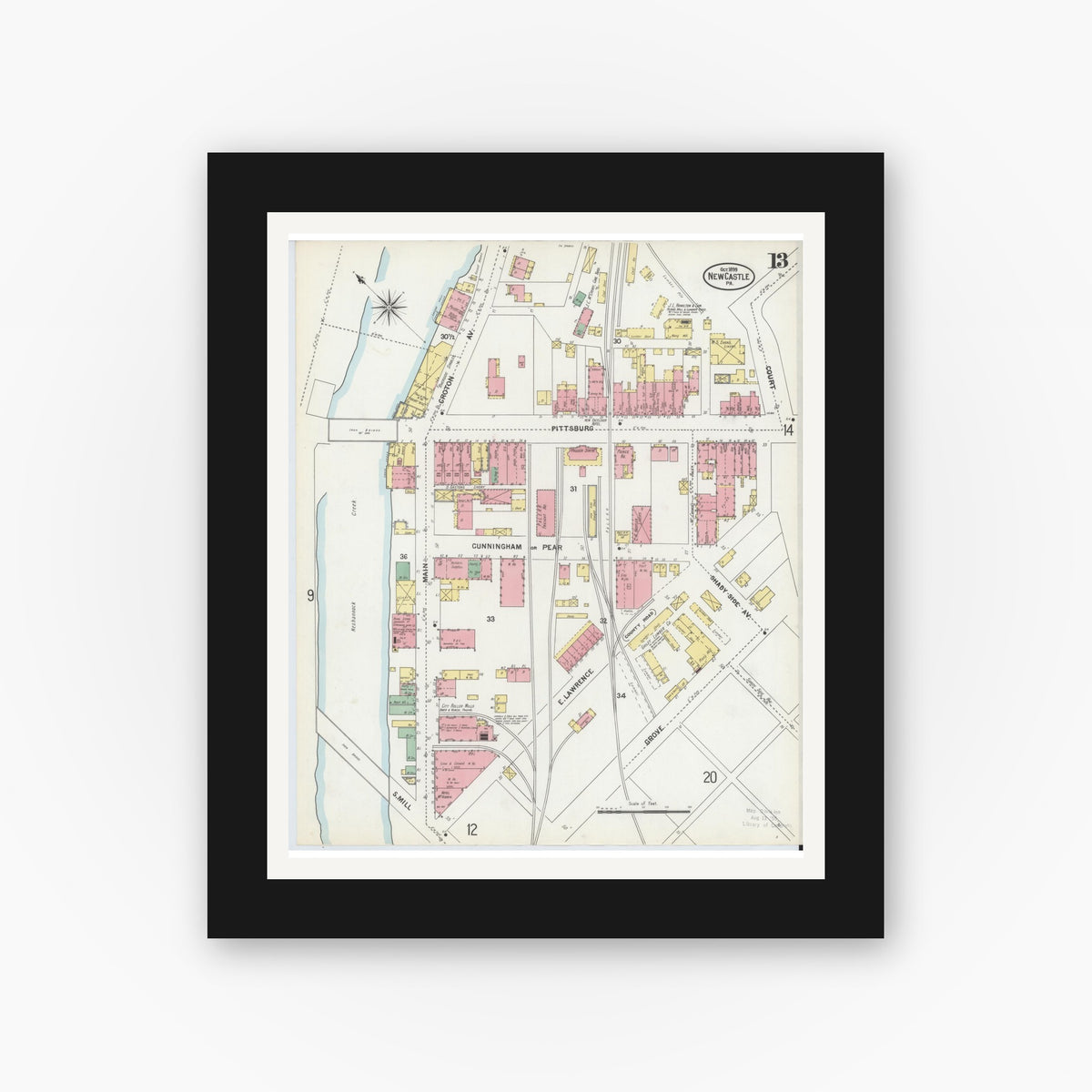 Old map wall art mockup — black gallery frame with white mat — Sanborn Fire Insurance Map from New Castle, Lawrence County, Pennsylvania (1899), Sheet #0013