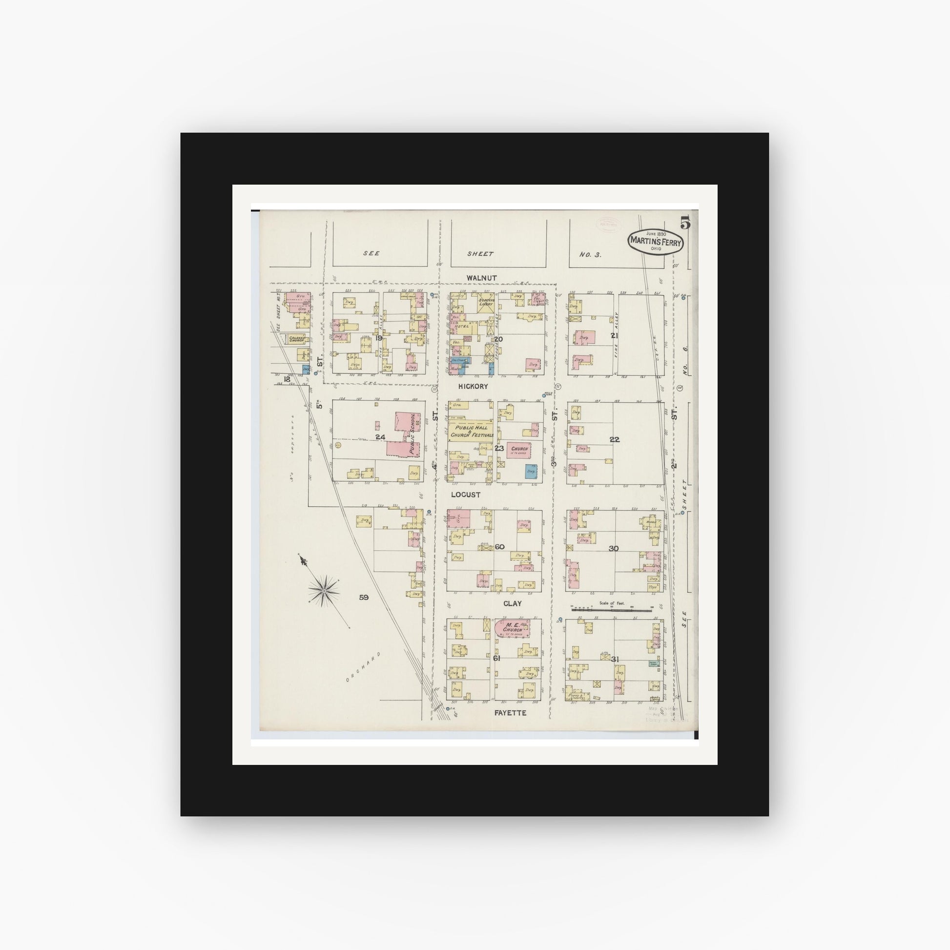 Old map wall art mockup — black gallery frame with white mat — Sanborn Fire Insurance Map from Martins Ferry, Belmont County, Ohio (1890), Sheet #0005
