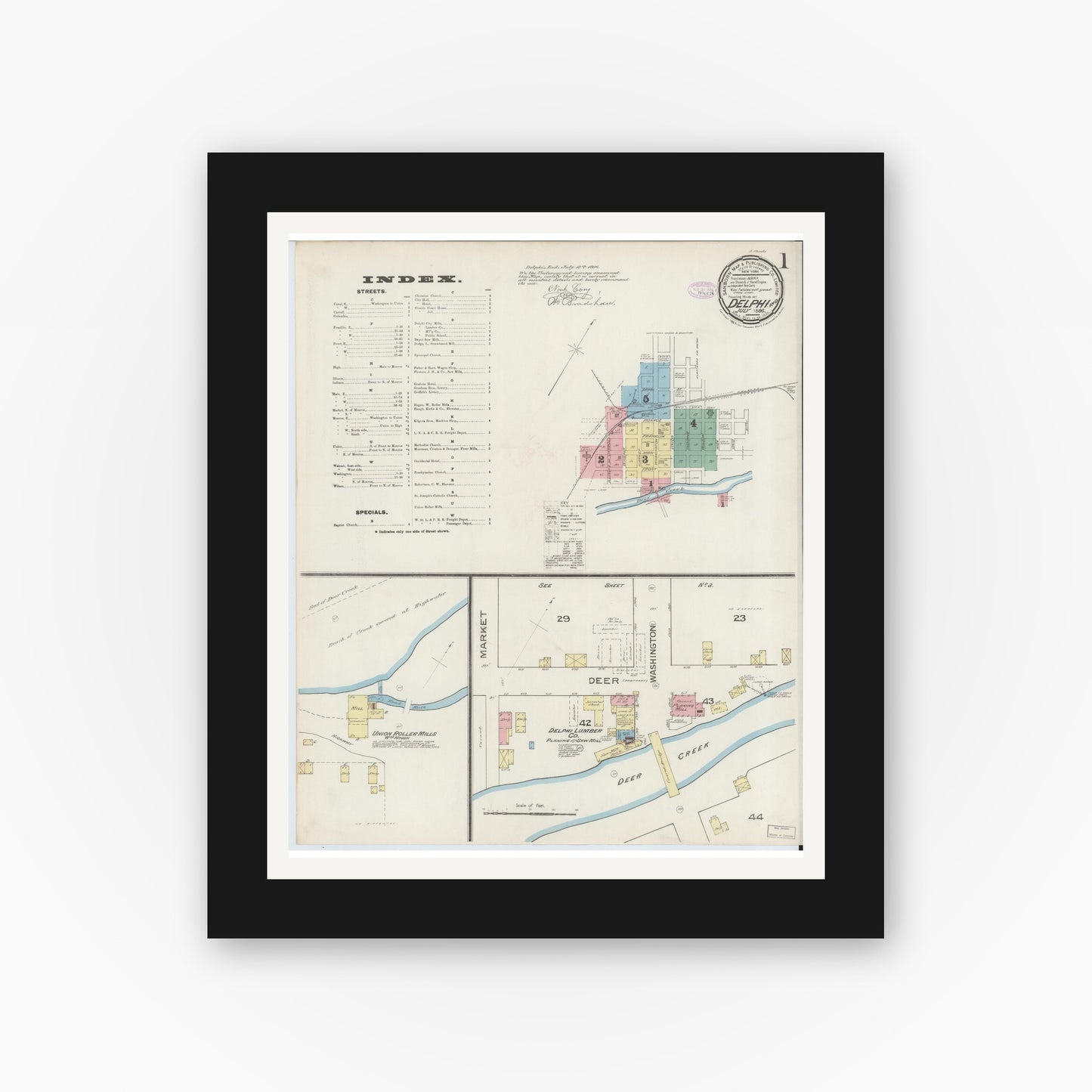 Old map wall art mockup — black gallery frame with white mat — Sanborn Fire Insurance Map from Delphi, Carroll County, Indiana (1886), Sheet #0001