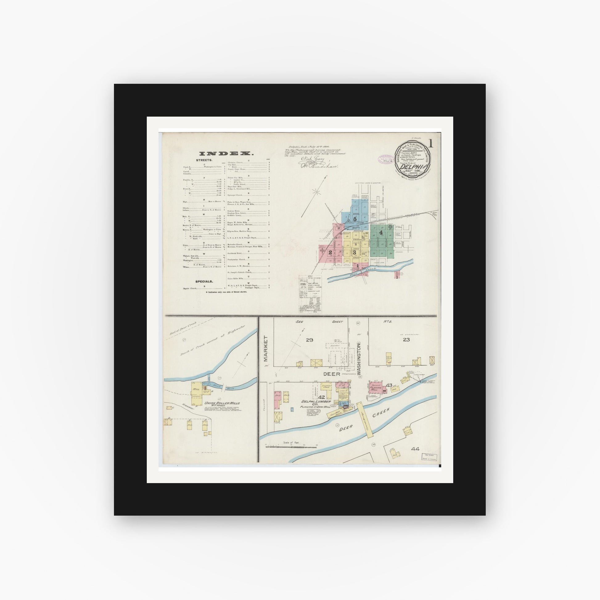 Old map wall art mockup — black gallery frame with white mat — Sanborn Fire Insurance Map from Delphi, Carroll County, Indiana (1886), Sheet #0001