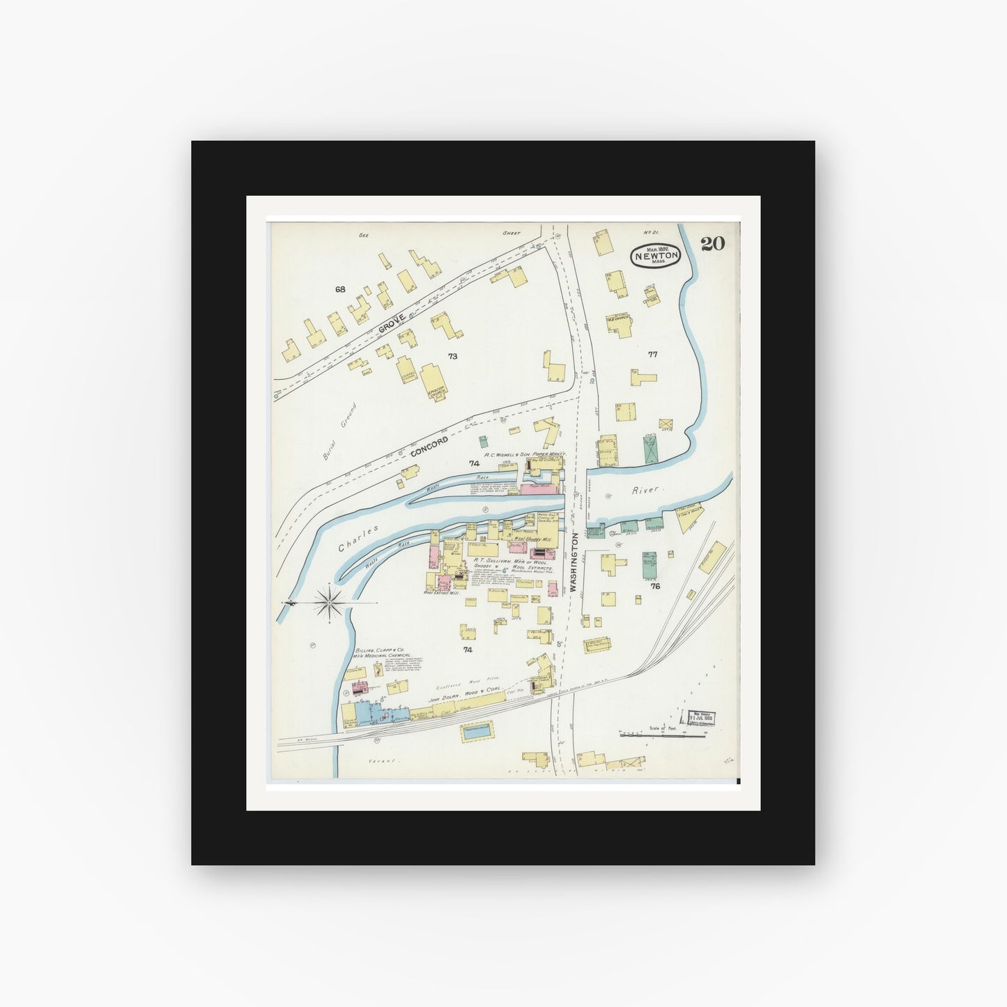 Old map wall art mockup — black gallery frame with white mat — Sanborn Fire Insurance Map from Newton, Middlesex County, Massachusetts (1892), Sheet #0020
