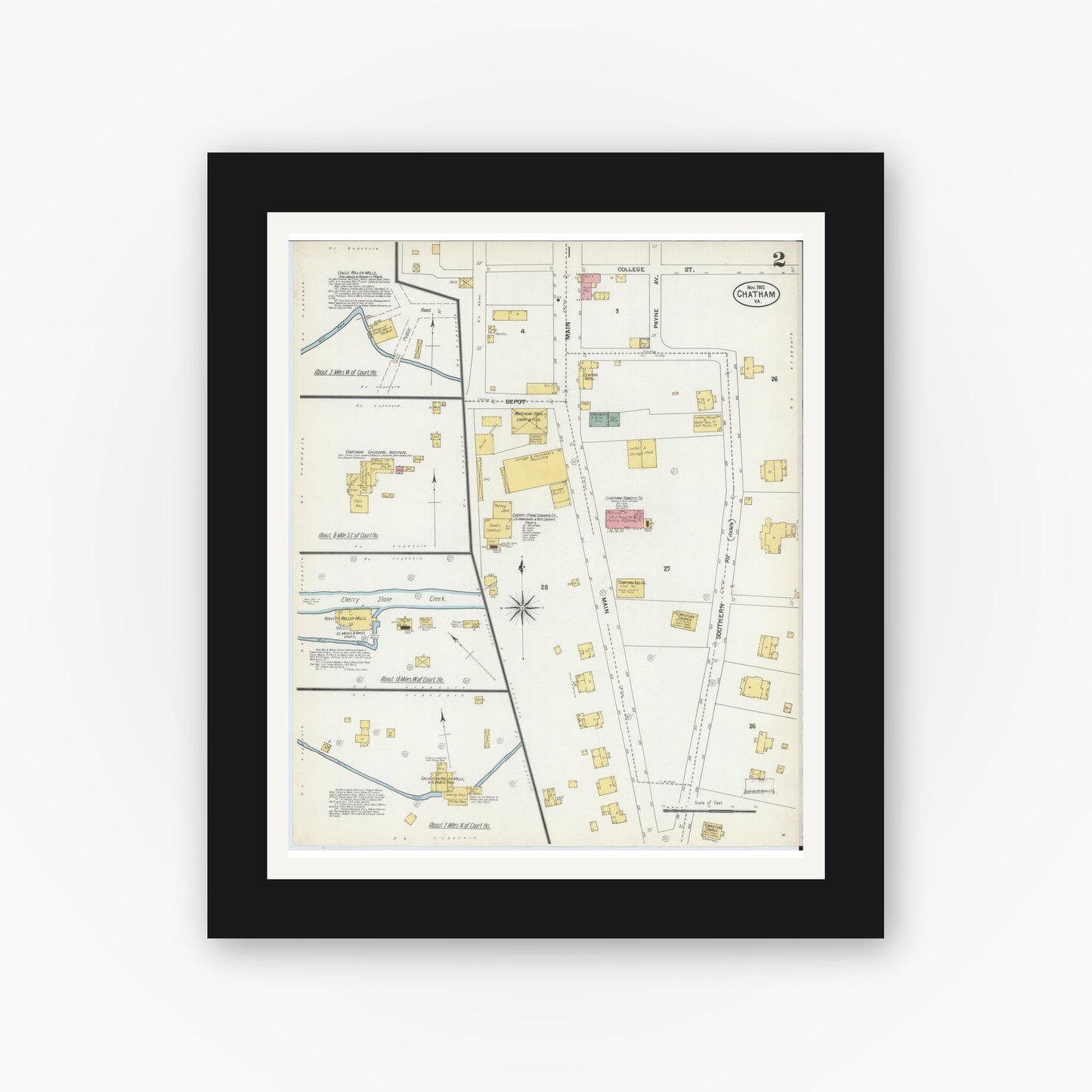 Old map wall art mockup — black gallery frame with white mat — Sanborn Fire Insurance Map from Chatham, Pittsylvania County, Virginia (1902), Sheet #0002