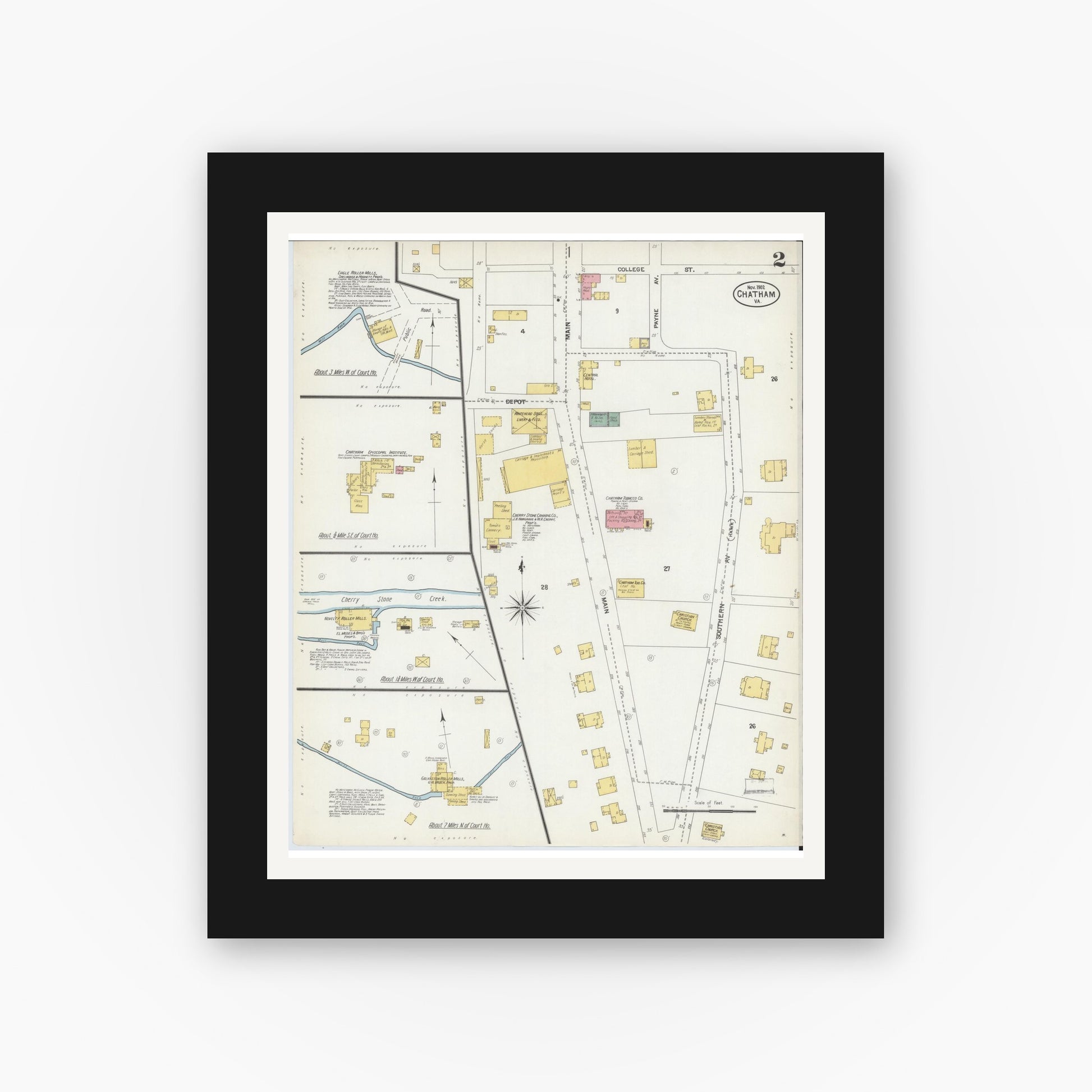 Old map wall art mockup — black gallery frame with white mat — Sanborn Fire Insurance Map from Chatham, Pittsylvania County, Virginia (1902), Sheet #0002