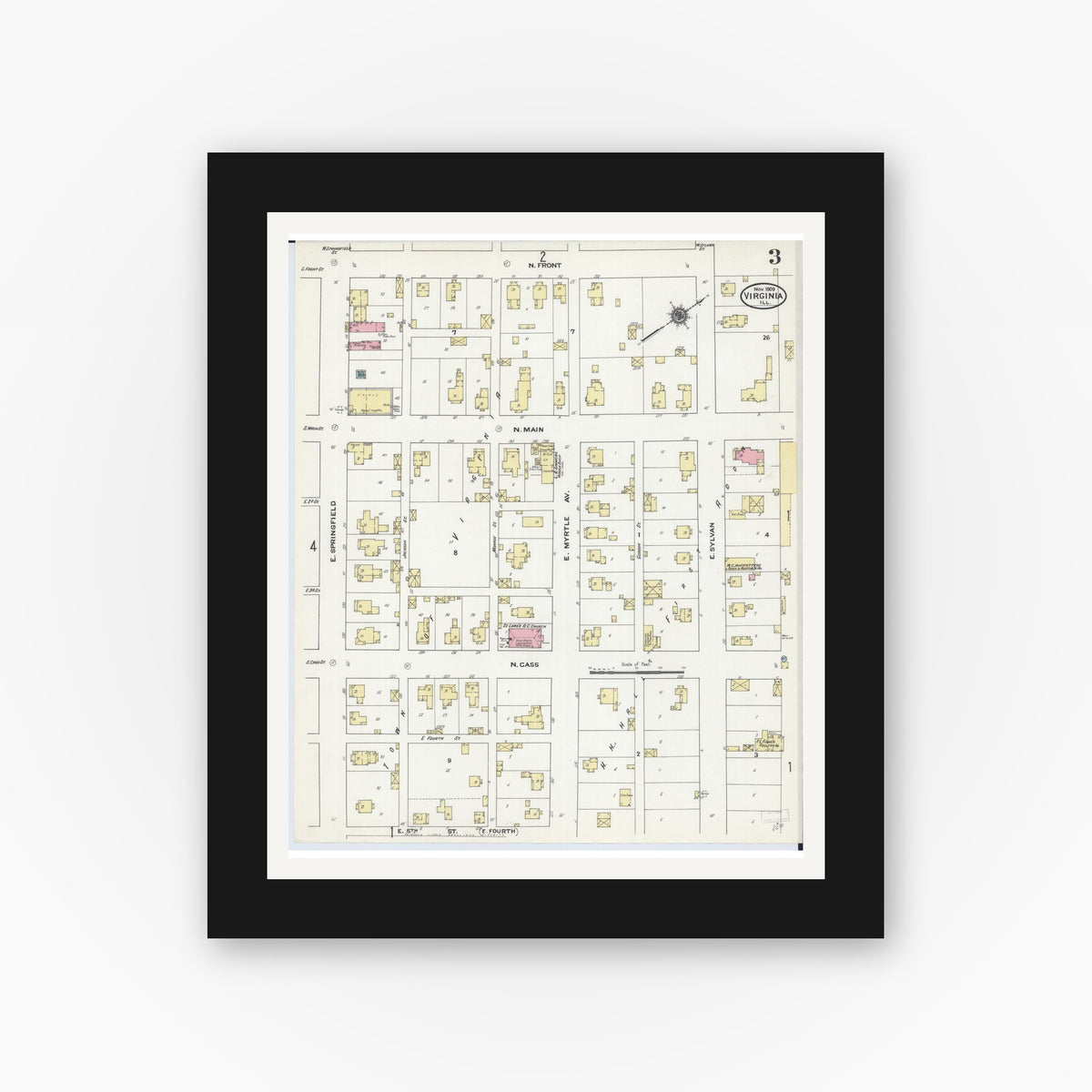 Old map wall art mockup — black gallery frame with white mat — Sanborn Fire Insurance Map from Virginia, Cass County, Illinois (1909), Sheet #0003