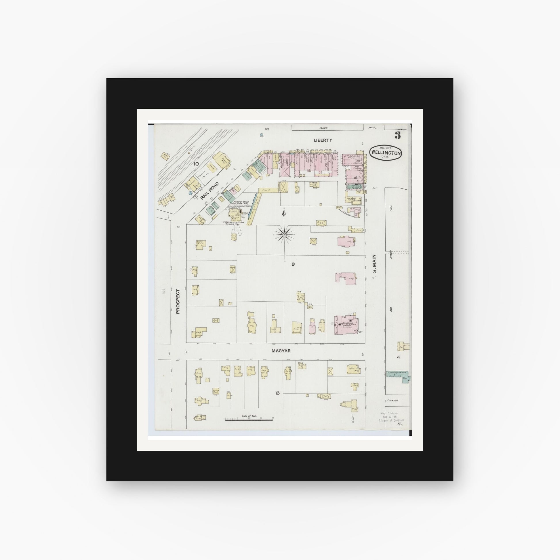 Old map wall art mockup — black gallery frame with white mat — Sanborn Fire Insurance Map from Wellington, Lorain County, Ohio (1889), Sheet #0003