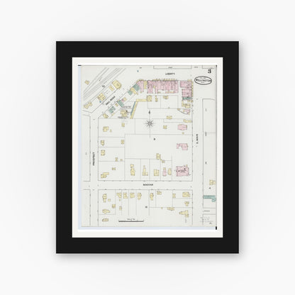 Old map wall art mockup — black gallery frame with white mat — Sanborn Fire Insurance Map from Wellington, Lorain County, Ohio (1889), Sheet #0003