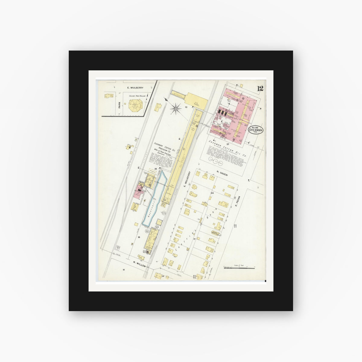 Old map wall art mockup — black gallery frame with white mat — Sanborn Fire Insurance Map from Sherman, Grayson County, Texas (1908), Sheet #0012