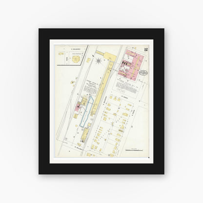 Old map wall art mockup — black gallery frame with white mat — Sanborn Fire Insurance Map from Sherman, Grayson County, Texas (1908), Sheet #0012