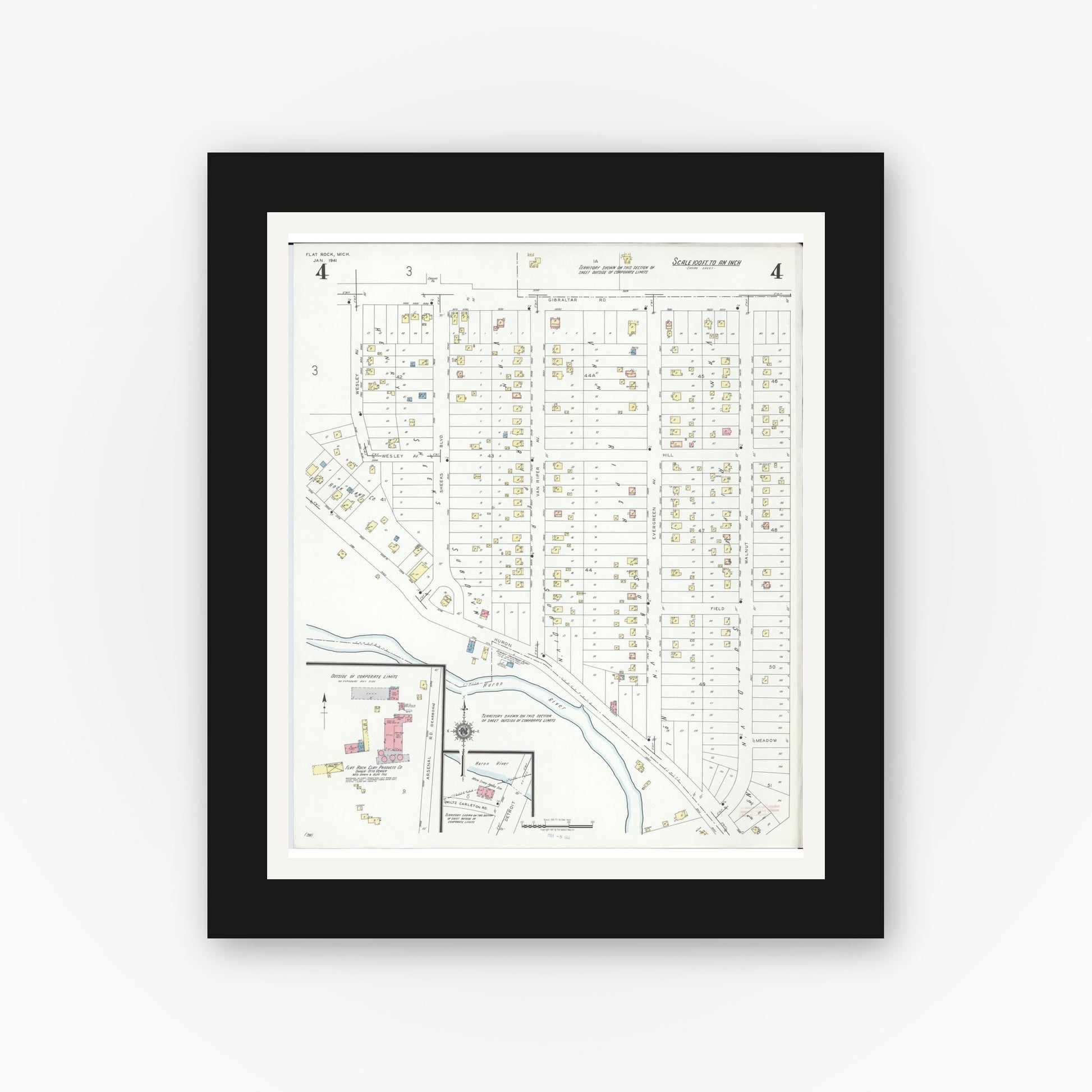 Old map wall art mockup — black gallery frame with white mat — Sanborn Fire Insurance Map from Flat Rock, Wayne County, Michigan (1941), Sheet #0004
